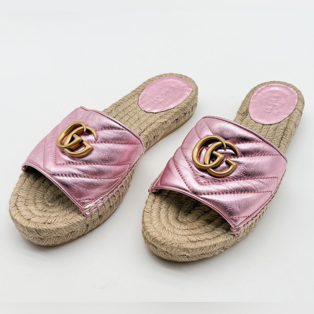 Gucci Pilar GG Marmont Metallic Rosa Leather Espadrille Slide Sandals EU 37 US 7 - Picture 4 of 12